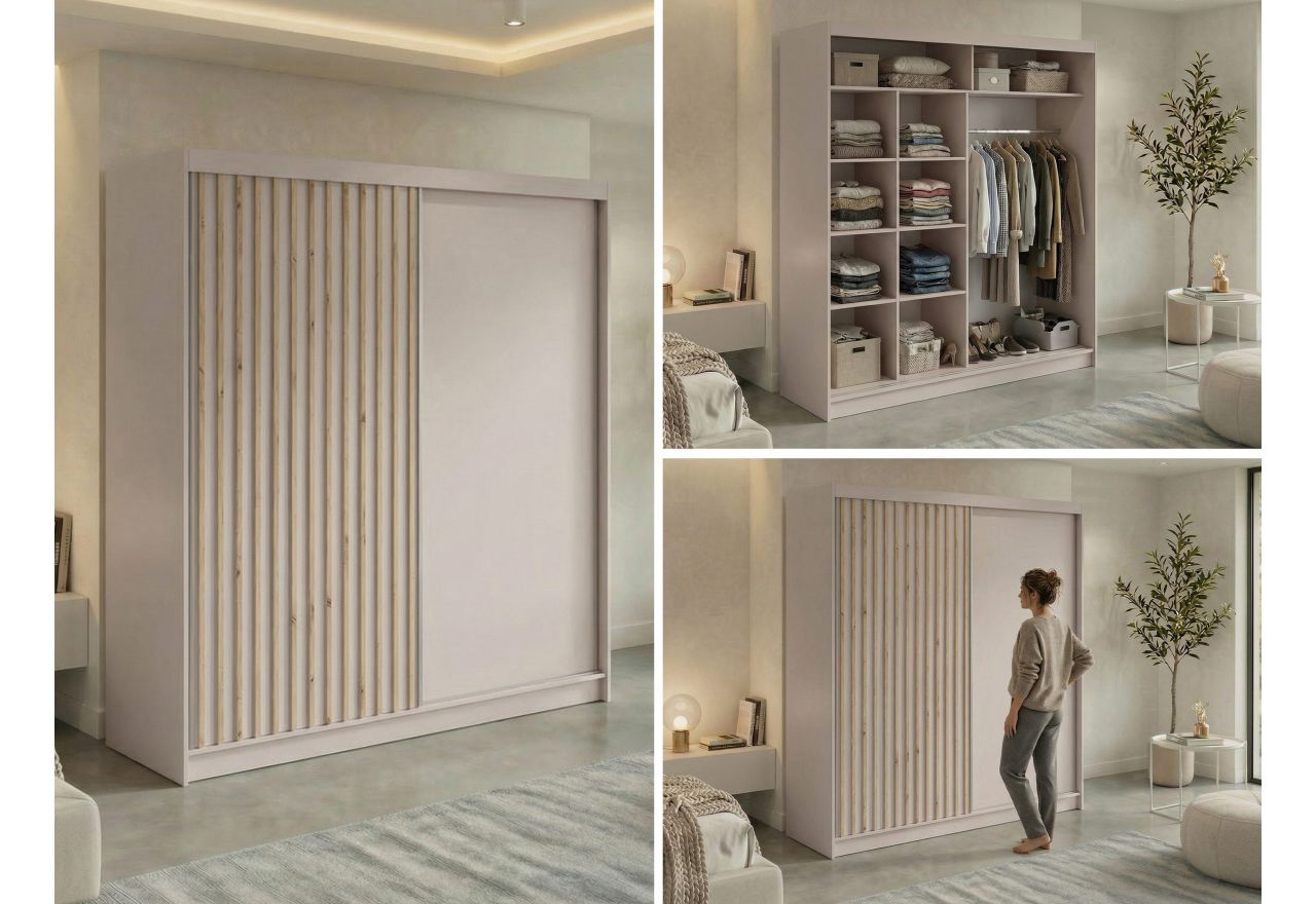 Szafa przesuwna LUMOS 200 - kaszmir, z lamelami dąb aristan