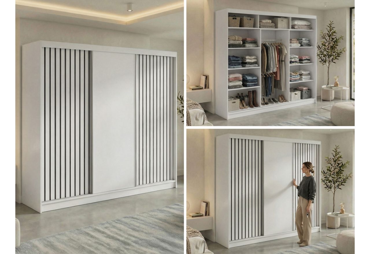 Szafa przesuwna LUMOS 240 cm - biały, z lamelami czarnymi