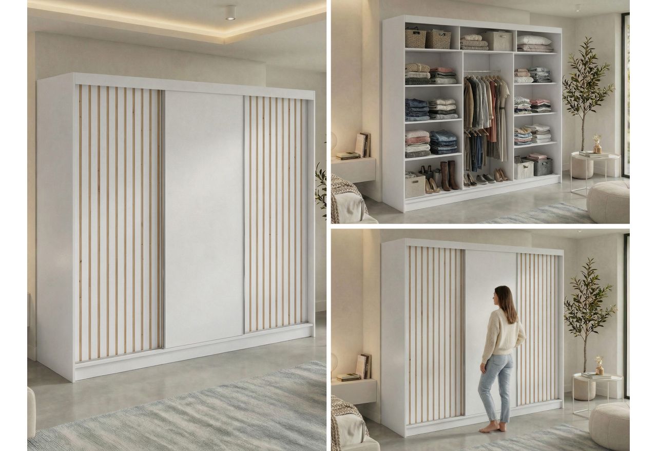 Szafa przesuwna LUMOS 240 cm - biały, z lamelami dąb aristan