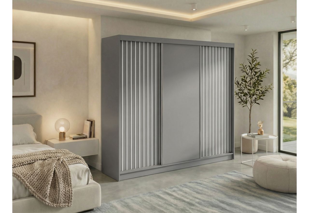 Szafa przesuwna LUMOS 240 cm - szary, z lamelami białymi