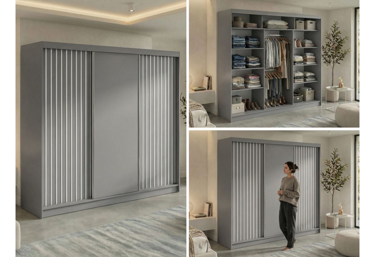 Szafa przesuwna LUMOS 240 cm - szary, z lamelami białymi