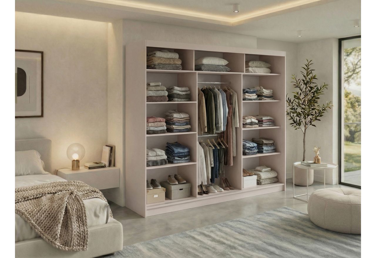 Szafa przesuwna LUMOS 240 cm - kaszmir, z lamelami czarnymi