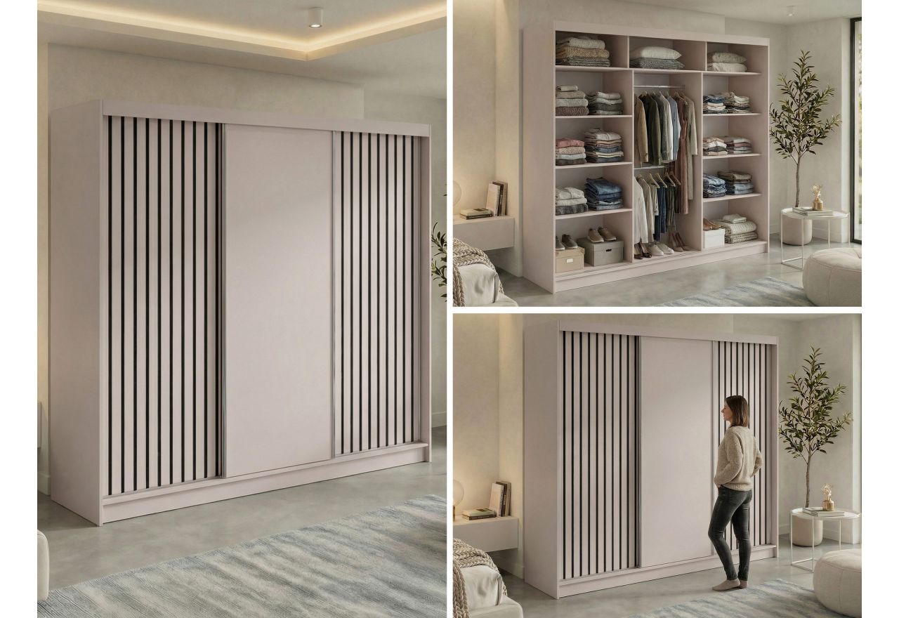 Szafa przesuwna LUMOS 240 cm - kaszmir, z lamelami czarnymi