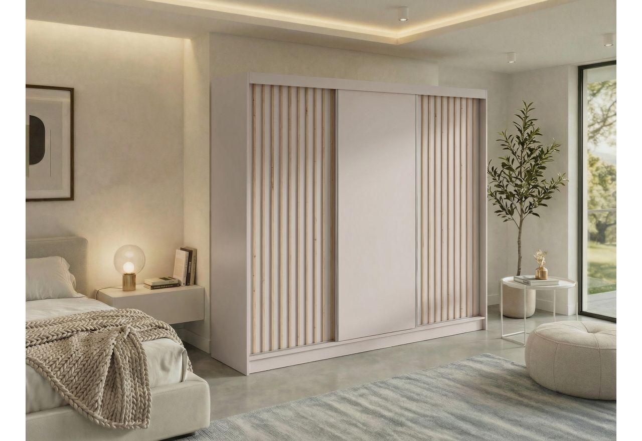 Szafa przesuwna LUMOS 240 cm - kaszmir, z lamelami dąb aristan