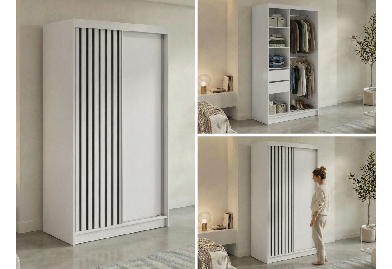 Szafa przesuwna LUMOS 120 cm - biały, z lamelami czarnymi + 2 szuflady