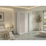 Szafa przesuwna LUMOS 120 cm - biały, z lamelami dąb aristan + 2 szuflady