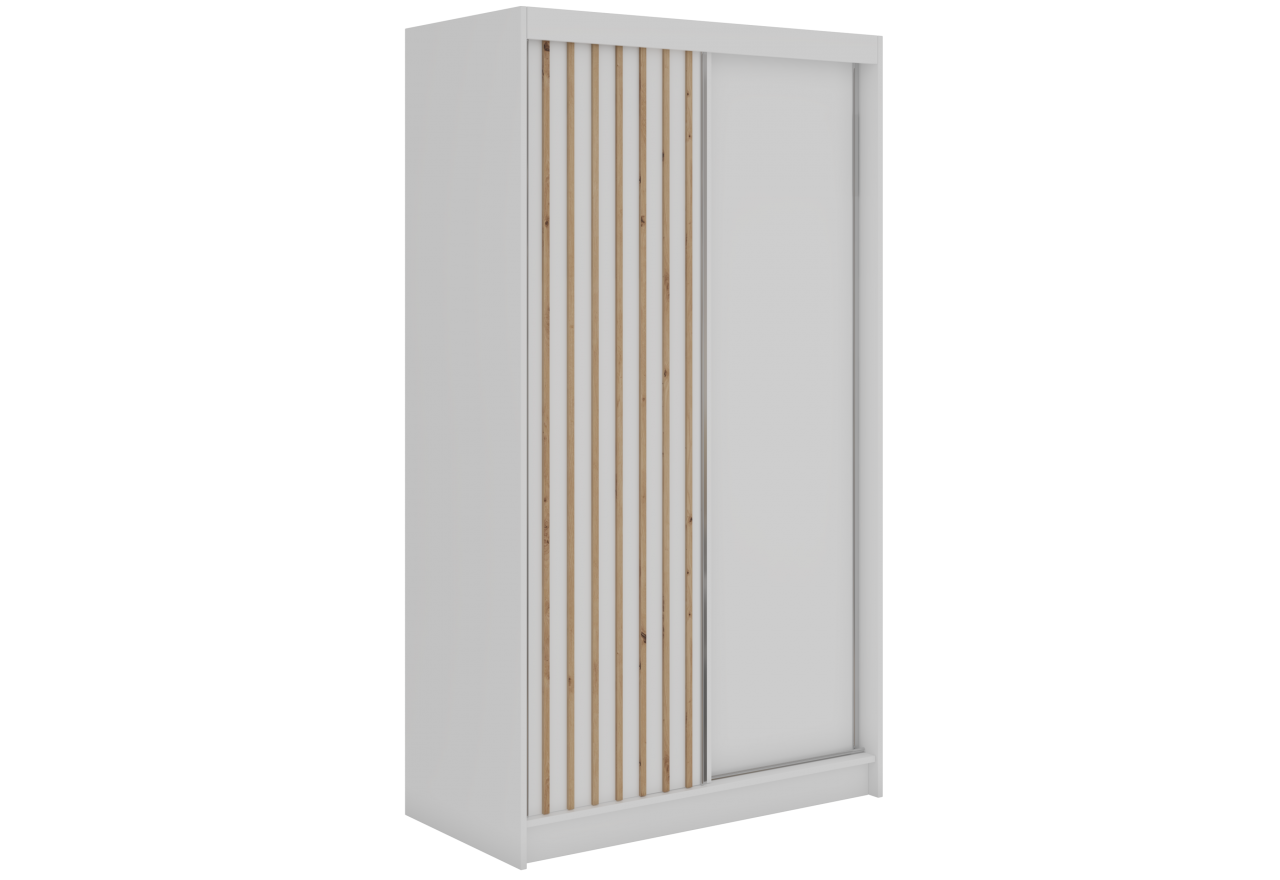 Szafa przesuwna LUMOS 120 cm - biały, z lamelami dąb aristan + 2 szuflady