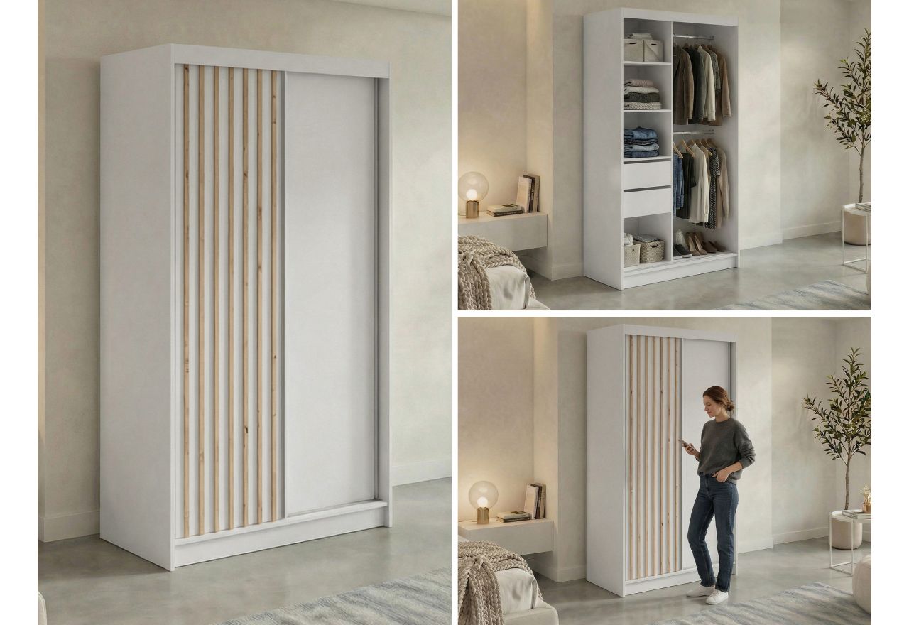Szafa przesuwna LUMOS 120 cm - biały, z lamelami dąb aristan + 2 szuflady