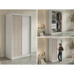 Szafa przesuwna LUMOS 120 cm - biały, z lamelami dąb aristan + 2 szuflady