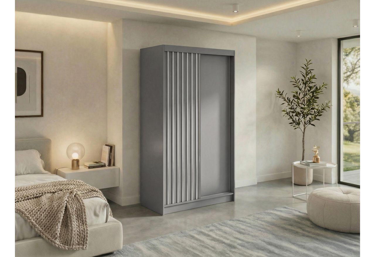 Szafa przesuwna LUMOS 120 cm - szary, z lamelami białymi + 2 szuflady