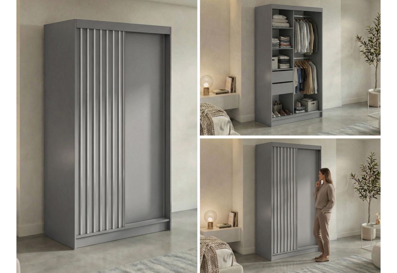 Szafa przesuwna LUMOS 120 cm - szary, z lamelami białymi + 2 szuflady