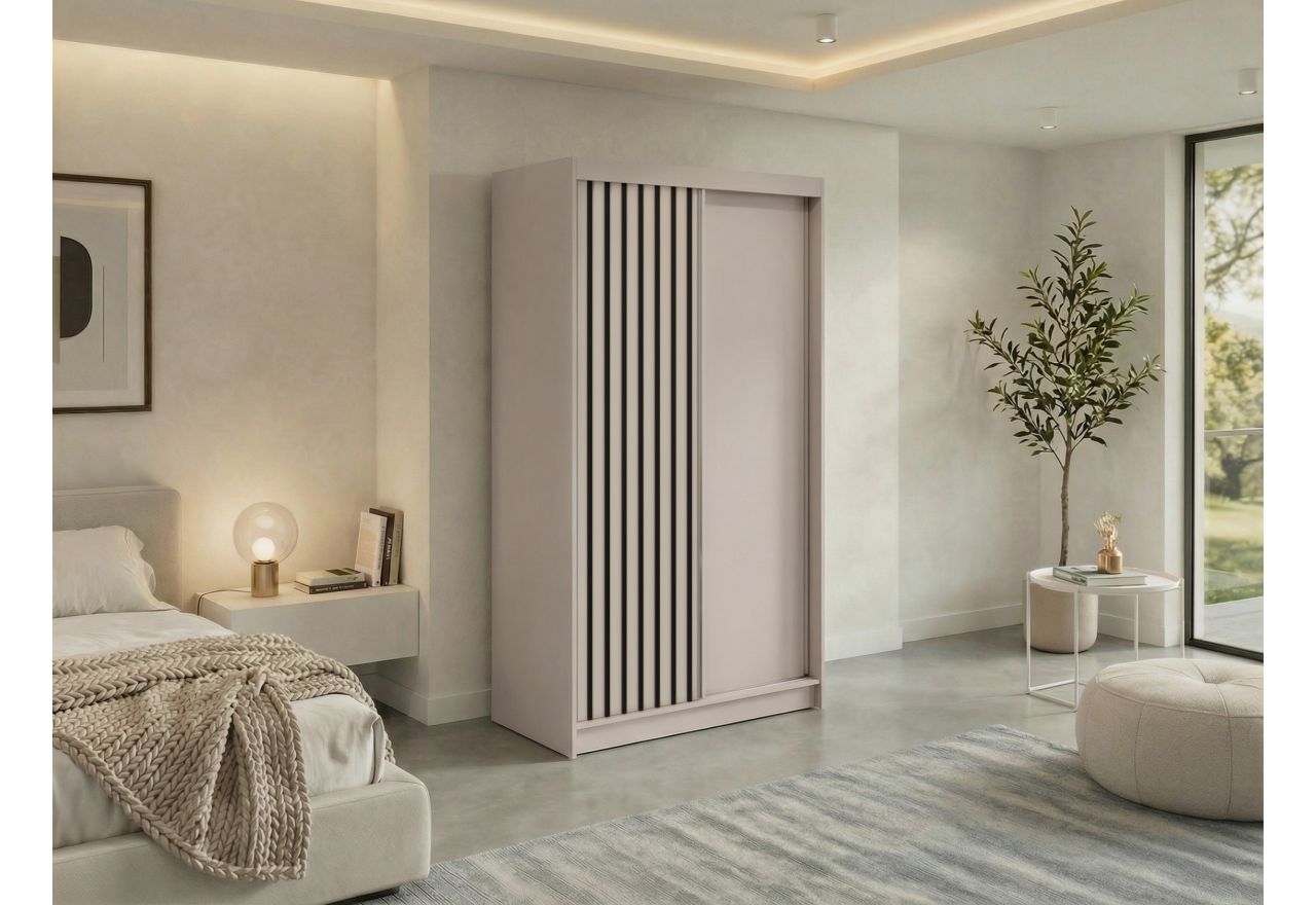 Szafa przesuwna LUMOS 120 cm - kaszmir, z lamelami czarnymi + 2 szuflady