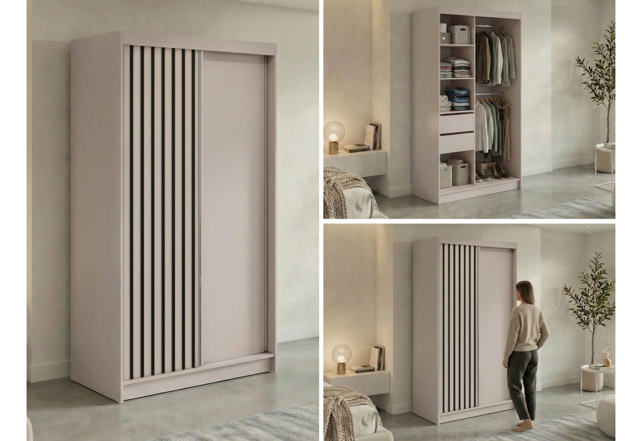 Szafa przesuwna LUMOS 120 cm - kaszmir, z lamelami czarnymi + 2 szuflady