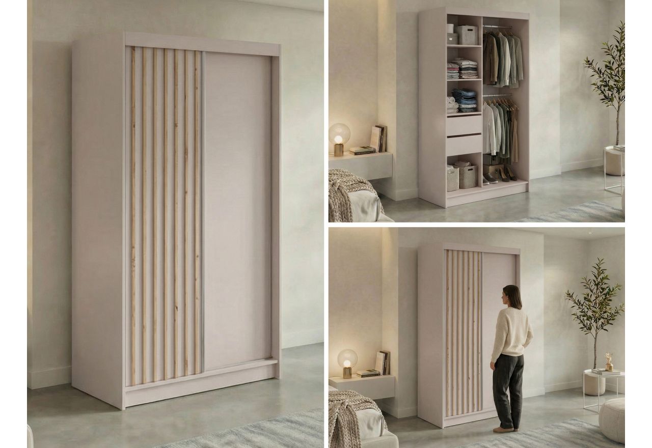 Szafa przesuwna LUMOS 120 cm - kaszmir, z lamelami dąb aristan + 2 szuflady