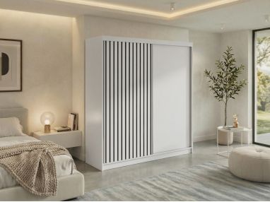 Szafa przesuwna LUMOS 200 - biały, z lamelami czarnymi + 4 szuflady