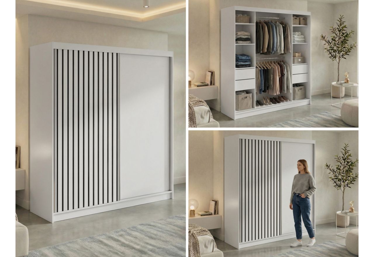 Szafa przesuwna LUMOS 200 - biały, z lamelami czarnymi + 4 szuflady