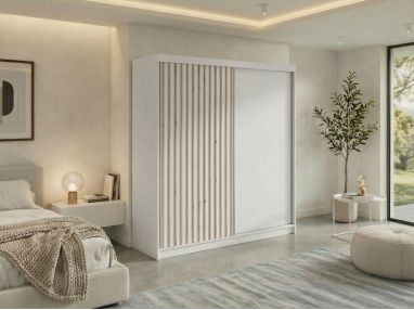 Szafa przesuwna LUMOS 200 - biały, z lamelami dąb aristan + 4 szuflady