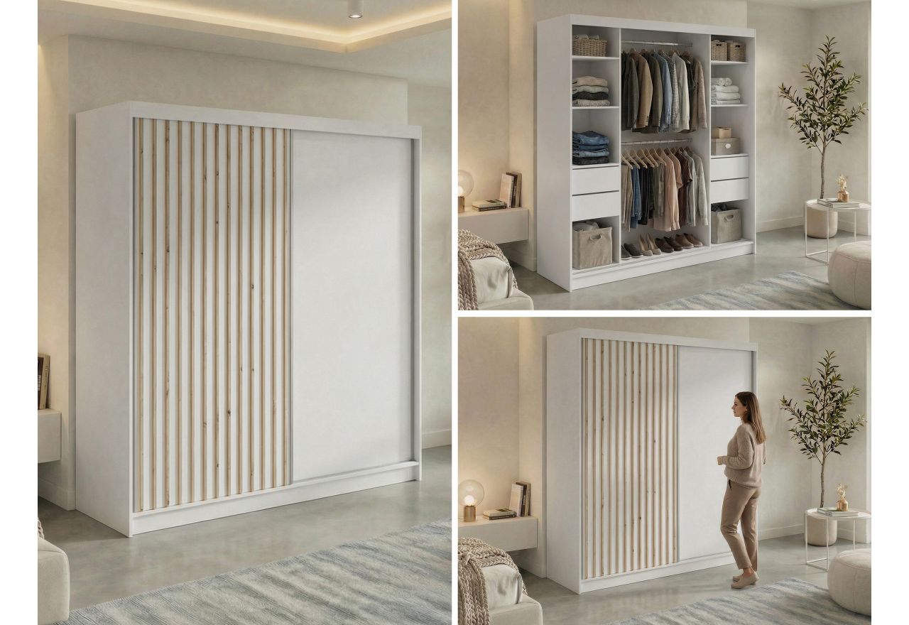 Szafa przesuwna LUMOS 200 - biały, z lamelami dąb aristan + 4 szuflady