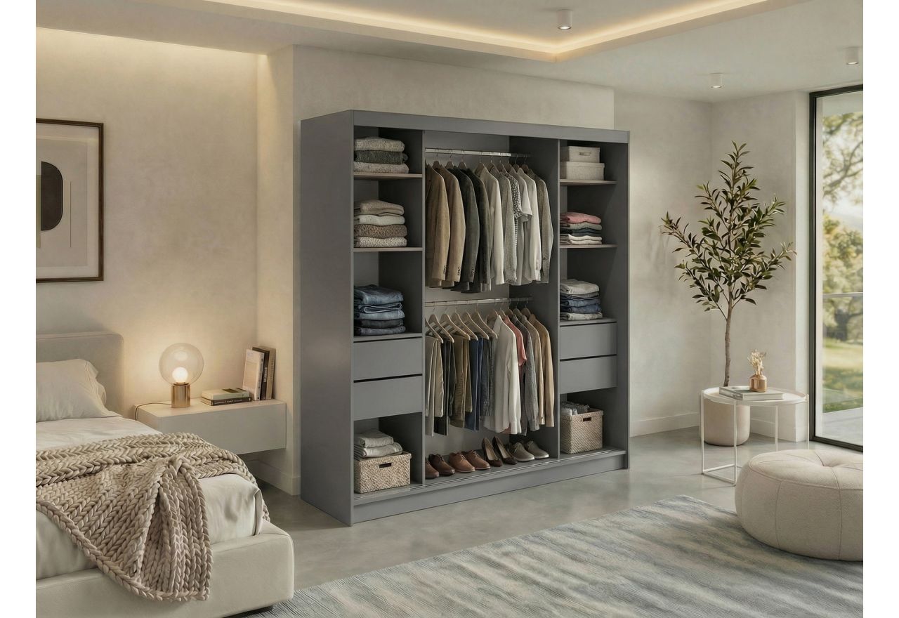 Szafa przesuwna LUMOS 200 - szary, z lamelami białymi + 4 szuflady