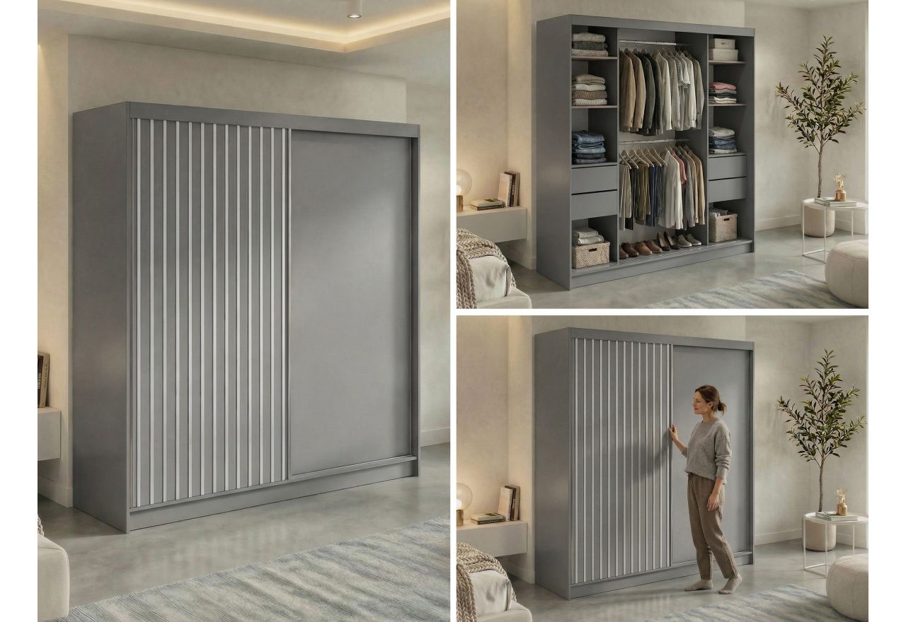 Szafa przesuwna LUMOS 200 - szary, z lamelami białymi + 4 szuflady