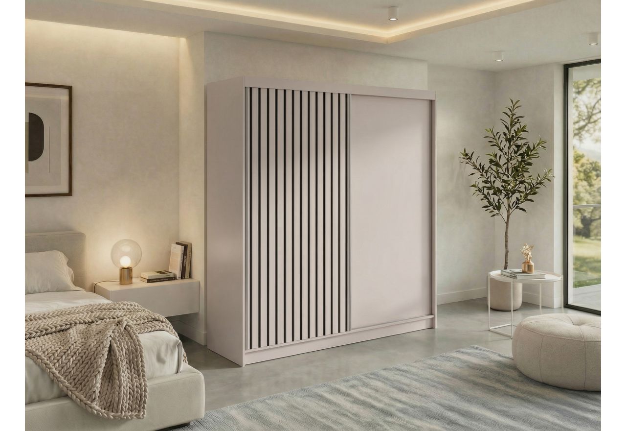 Szafa przesuwna LUMOS 200 - kaszmir, z lamelami czarnymi + 4 szuflady