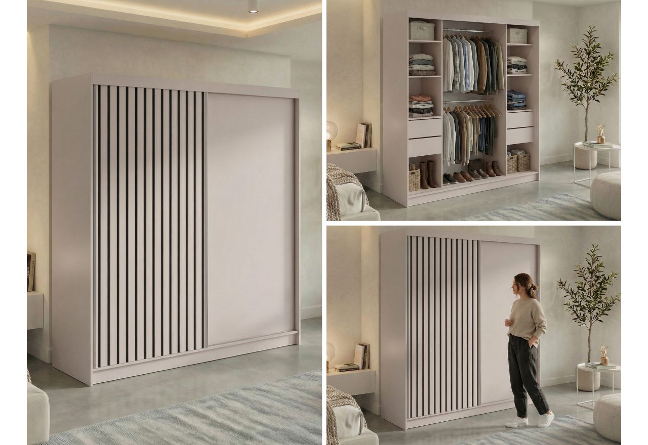 Szafa przesuwna LUMOS 200 - kaszmir, z lamelami czarnymi + 4 szuflady