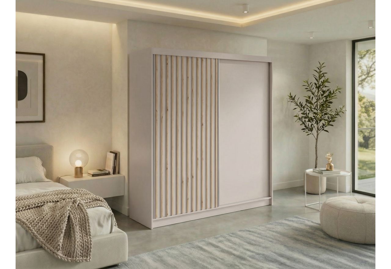 Szafa przesuwna LUMOS 200 - kaszmir, z lamelami dąb aristan + 4 szuflady