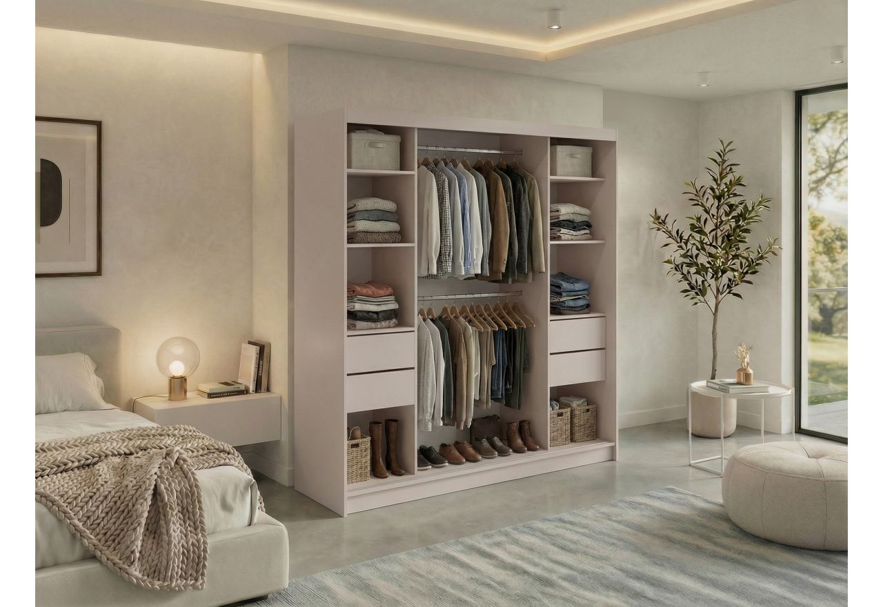 Szafa przesuwna LUMOS 200 - kaszmir, z lamelami dąb aristan + 4 szuflady