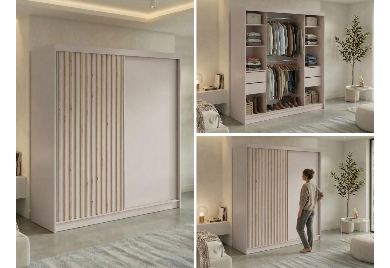 Szafa przesuwna LUMOS 200 - kaszmir, z lamelami dąb aristan + 4 szuflady