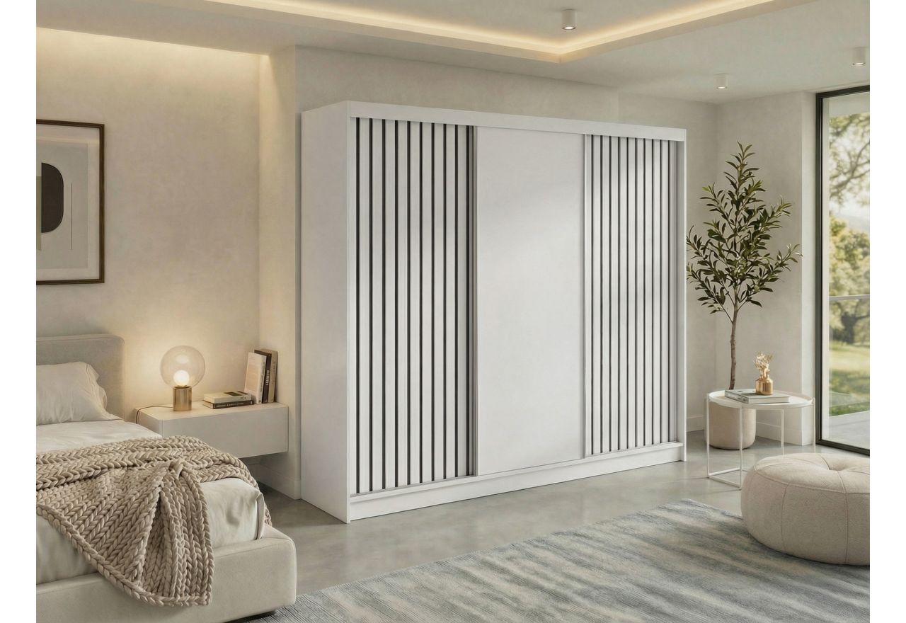 Szafa przesuwna LUMOS 240 cm - biały, z lamelami czarnymi + 4 szuflady