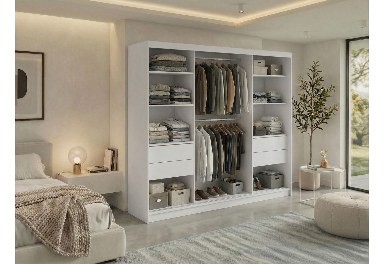 Szafa przesuwna LUMOS 240 cm - biały, z lamelami czarnymi + 4 szuflady