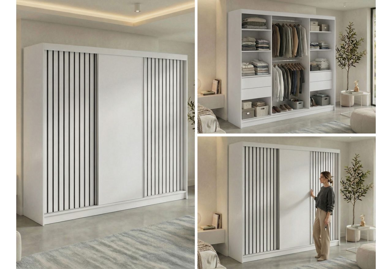 Szafa przesuwna LUMOS 240 cm - biały, z lamelami czarnymi + 4 szuflady