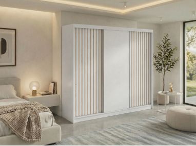 Szafa przesuwna LUMOS 240 - biały, z lamelami dąb aristan + 4 szuflady