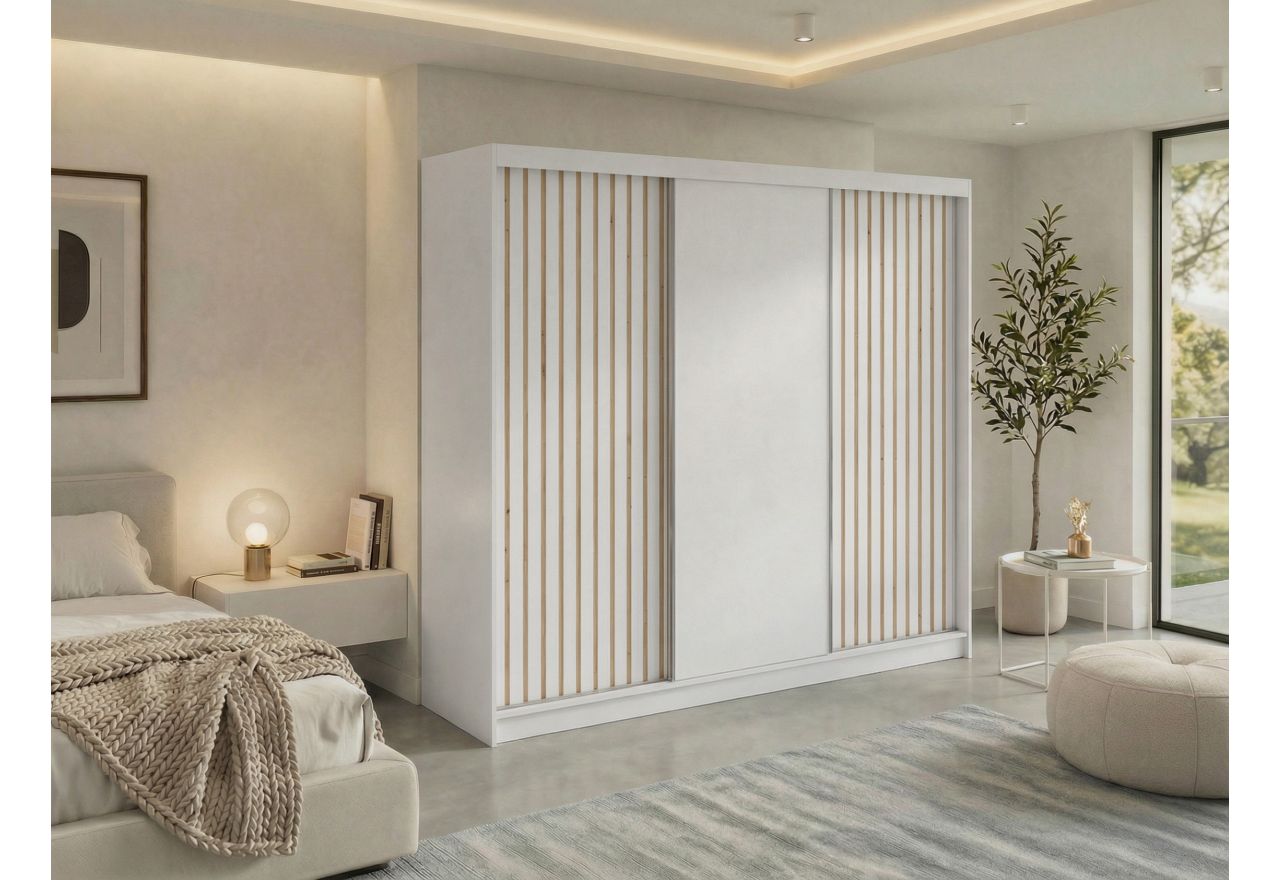 Szafa przesuwna LUMOS 240 cm - biały, z lamelami dąb aristan + 4 szuflady