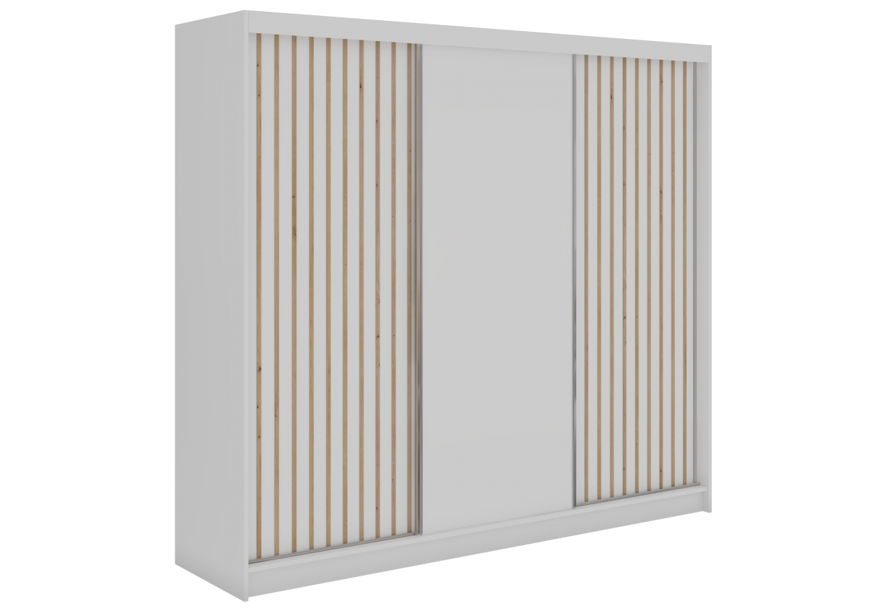 Szafa przesuwna LUMOS 240 cm - biały, z lamelami dąb aristan + 4 szuflady