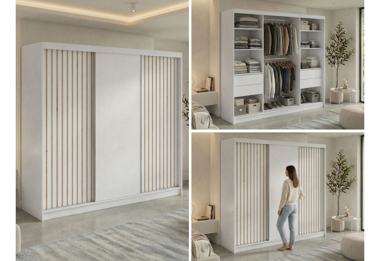 Szafa przesuwna LUMOS 240 cm - biały, z lamelami dąb aristan + 4 szuflady