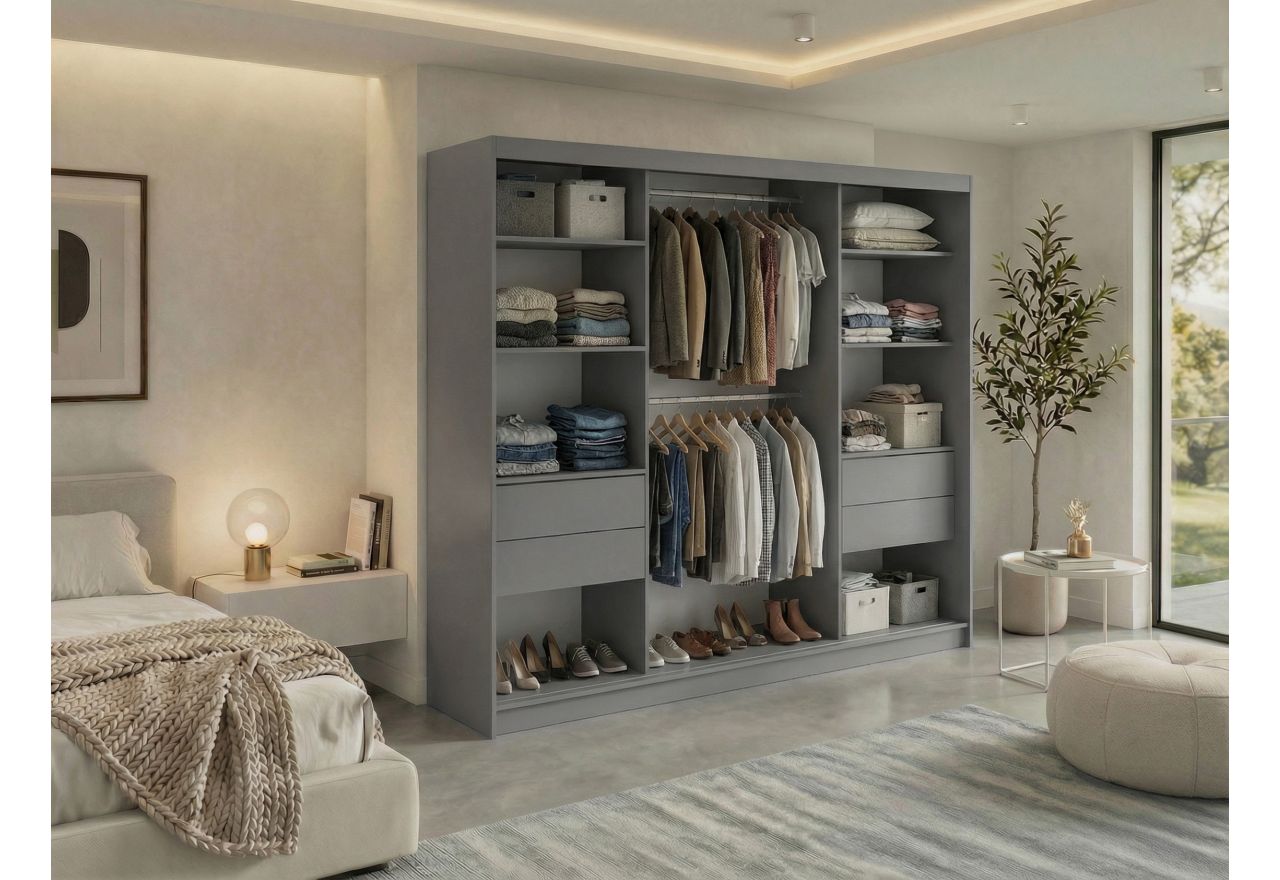 Szafa przesuwna LUMOS 240 cm - szary, z lamelami białymi + 4 szuflady