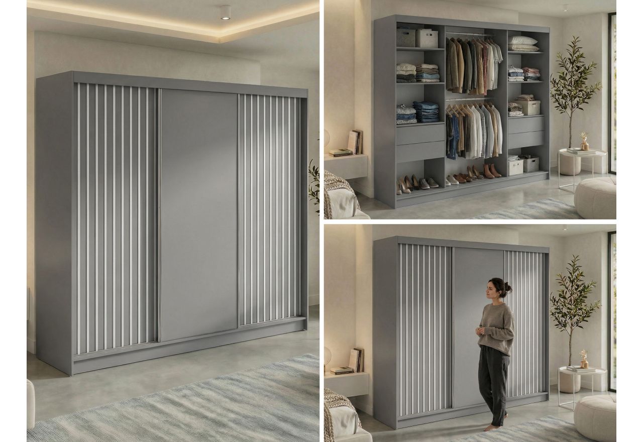 Szafa przesuwna LUMOS 240 cm - szary, z lamelami białymi + 4 szuflady