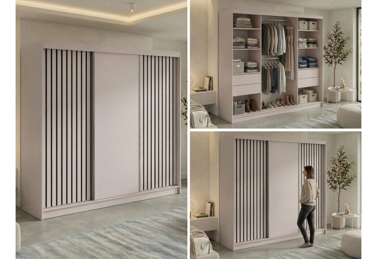 Szafa przesuwna LUMOS 240 cm - kaszmir, z lamelami czarnymi + 4 szuflady