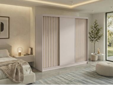 Szafa przesuwna LUMOS 240 - kaszmir, z lamelami dąb aristan + 4 szuflady