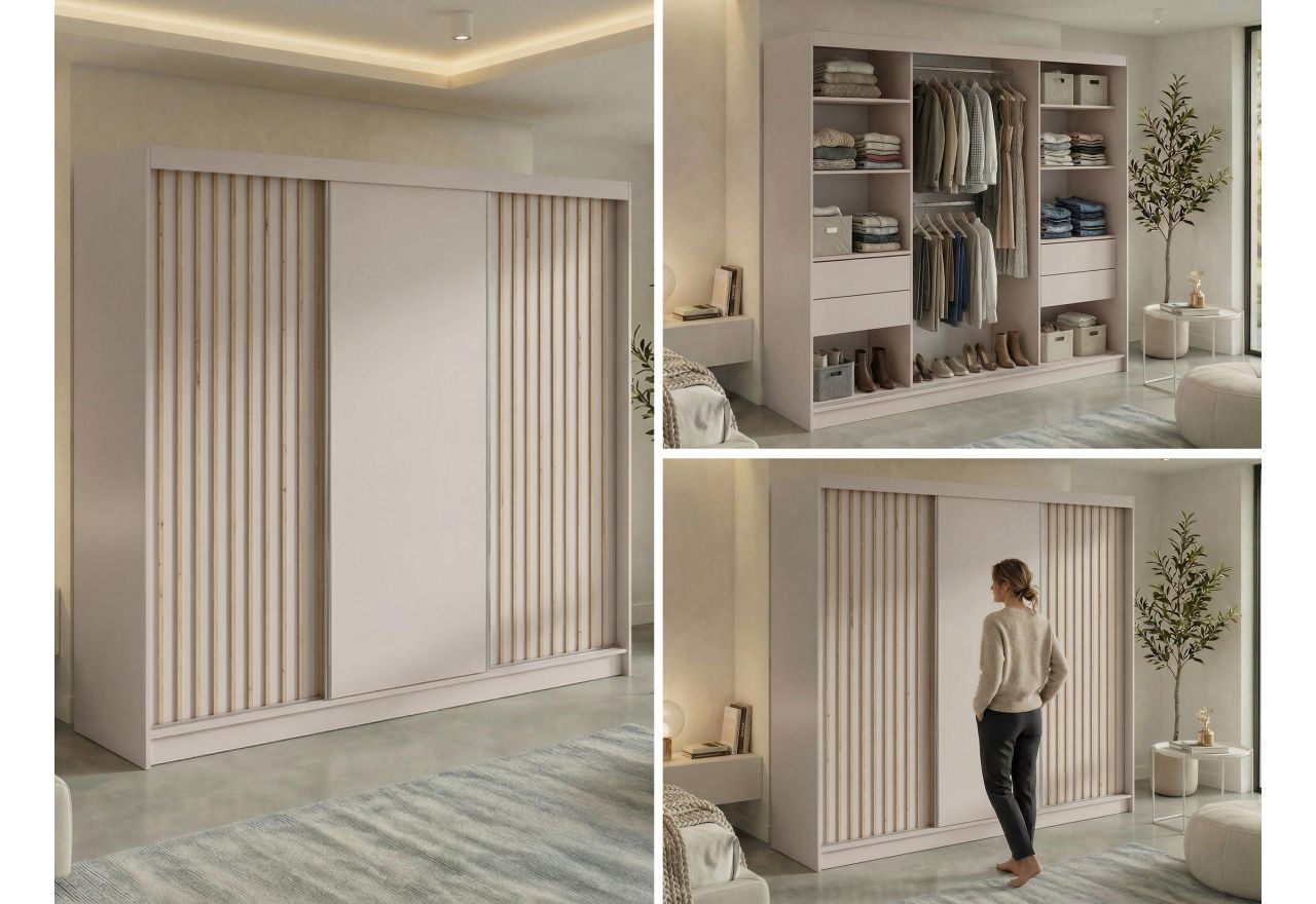 Szafa przesuwna LUMOS 240 cm - kaszmir, z lamelami dąb aristan + 4 szuflady