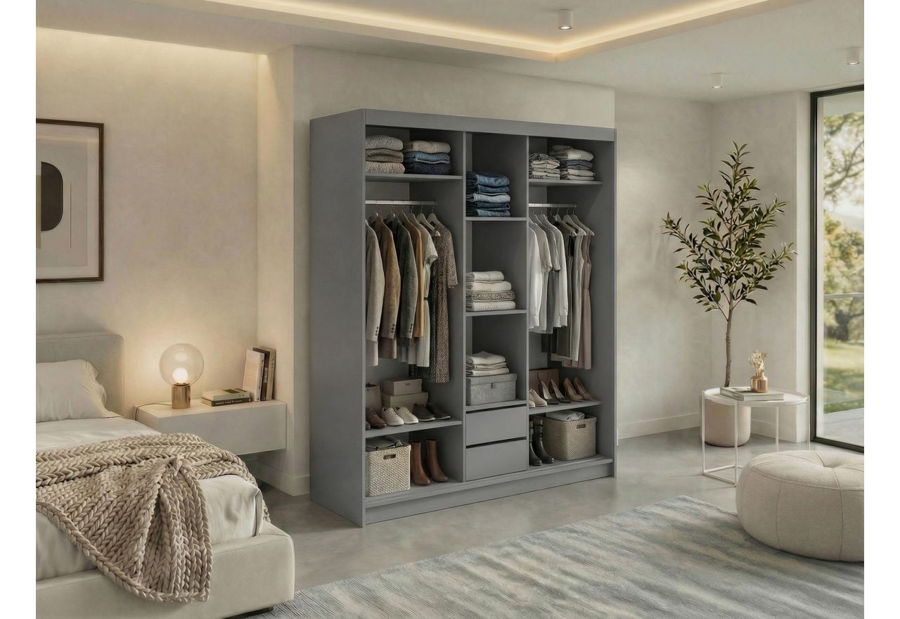 Szafa przesuwna VERONA 180 cm - szary z lustrem + 2 szuflady