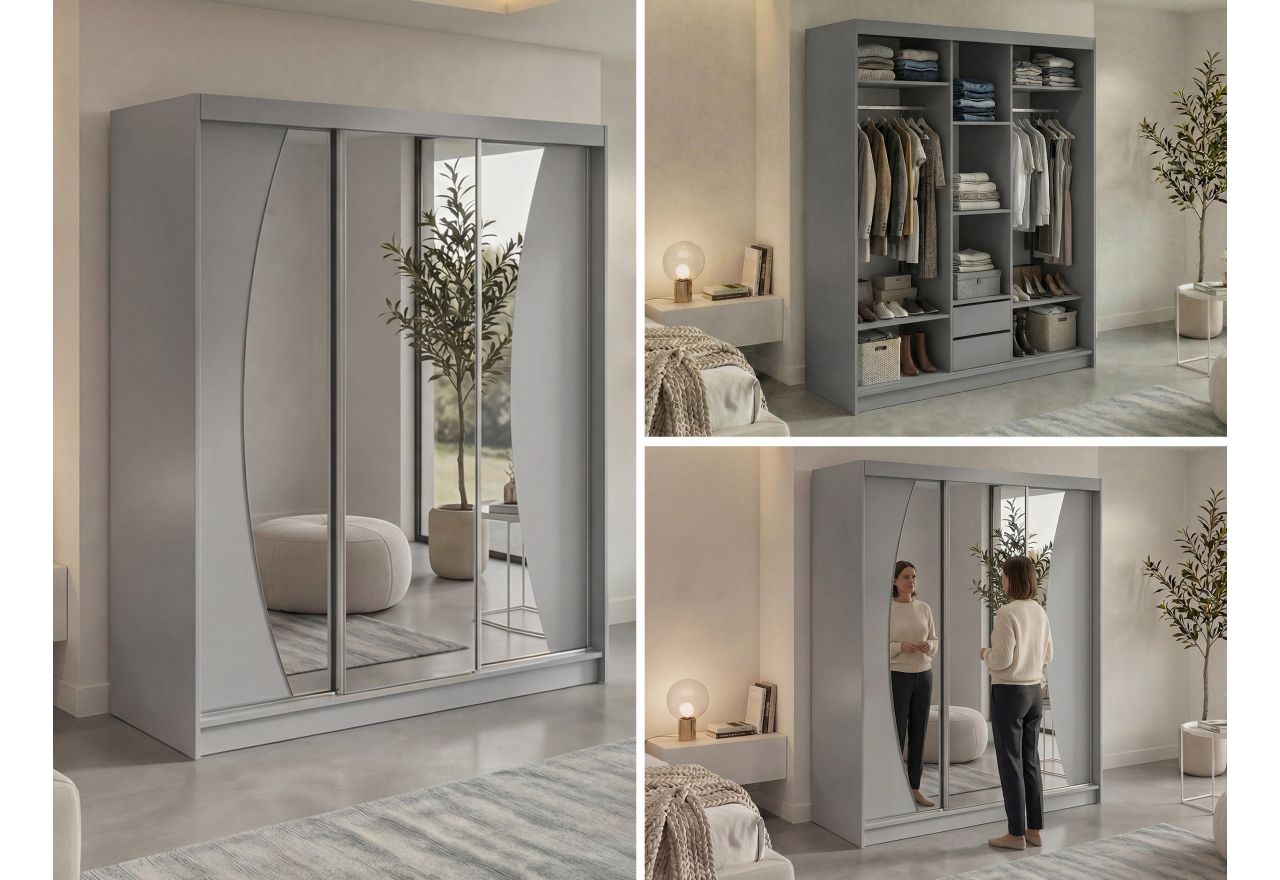 Szafa przesuwna VERONA 180 cm - szary z lustrem + 2 szuflady