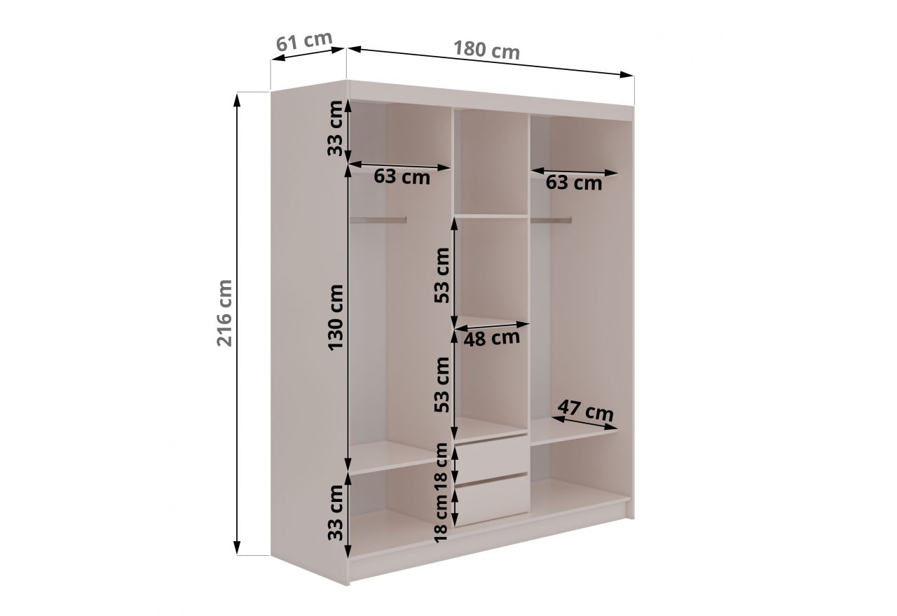 Szafa przesuwna VERONA 180 cm - kaszmir z lustrem + 2 szuflady