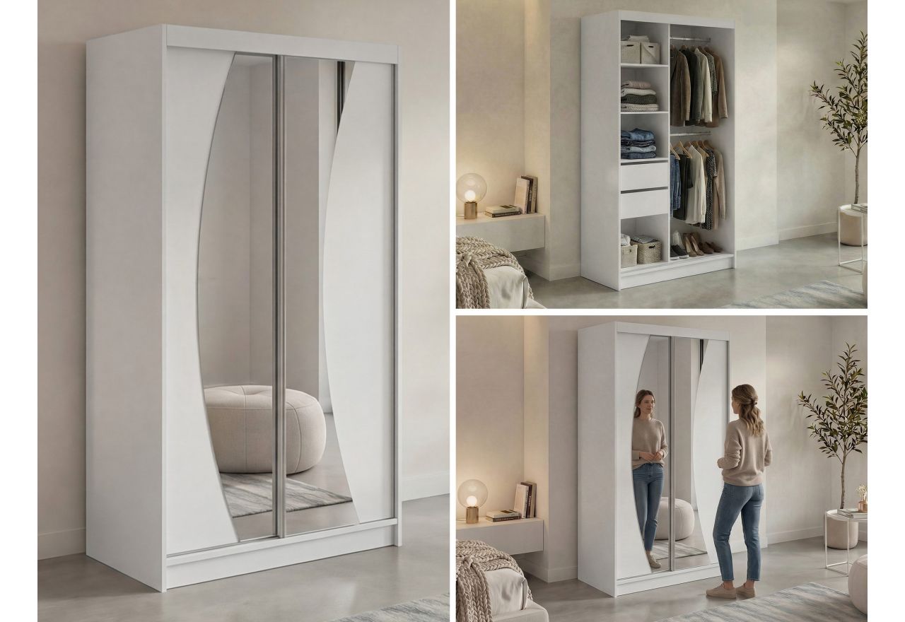Szafa przesuwna VERONA 120 cm - biały z lustrem + 2 szuflady