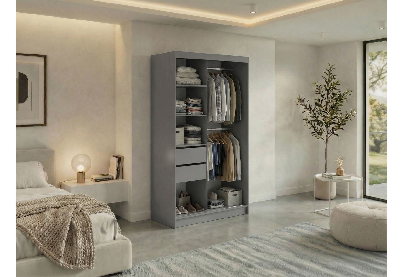 Szafa przesuwna VERONA 120 cm - szary z lustrem + 2 szuflady