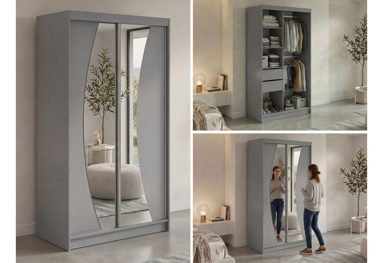 Szafa przesuwna VERONA 120 cm - szary z lustrem + 2 szuflady