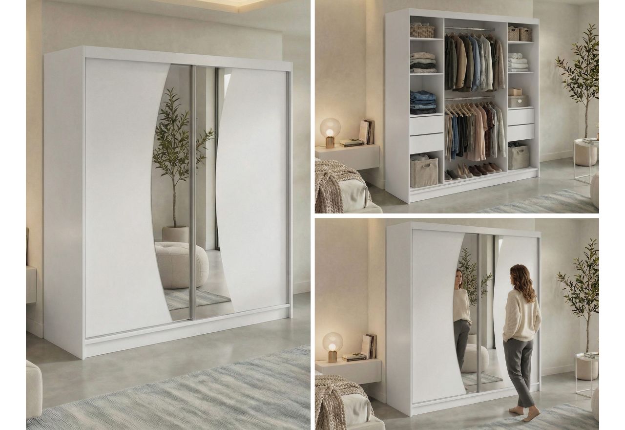 Szafa przesuwna VERONA 200 - biały z lustrem + 4 szuflady