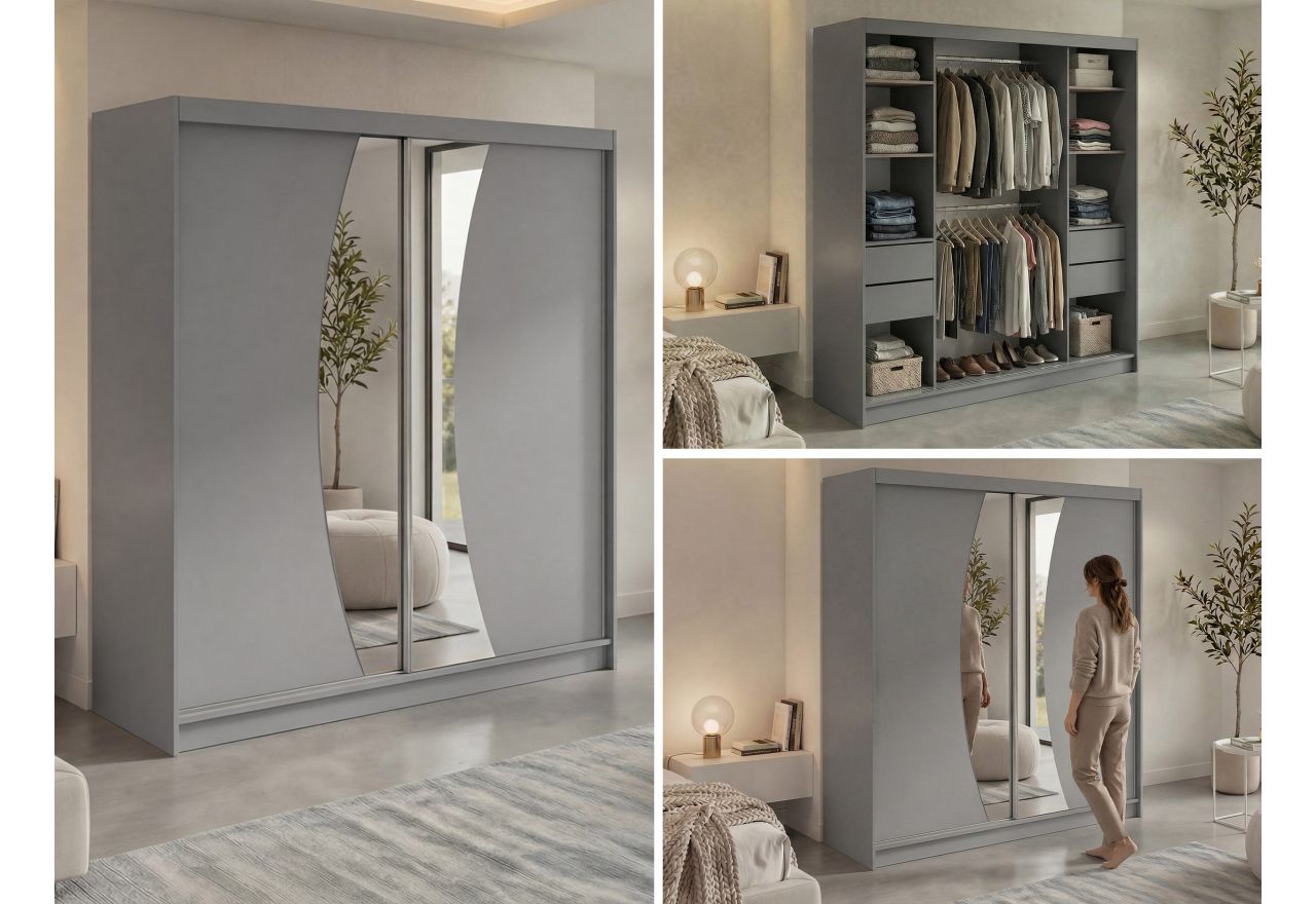 Szafa przesuwna VERONA 200 - szary z lustrem + 4 szuflady