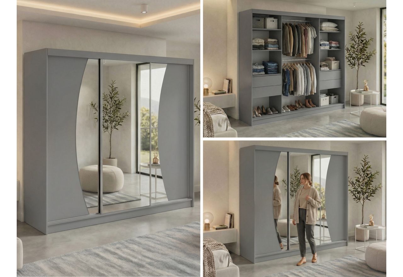 Szafa przesuwna VERONA 240 cm - szary z lustrem + 4 szuflady